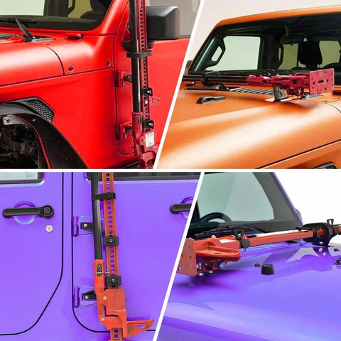 Heavy Duty Hi Lift Jack Mount for Jeep Wrangler Hood and Door Hinges Keeps Your Jack Off The Seats and Out Of The Cabin Fits 2007 to 2022 Wrangler JK JKU JL JLU Easy Front Or Rear Mount Steel Construction With Anti Corrosion Finish shown installed on hood and door hinge of various Jeeps in red, orange, and purple color.