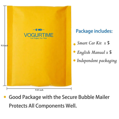 Yellow envelope packaging for 5 Pack D2-5 Smart Car Kit For Soldering And Line Following Robot Build with dimensions shown