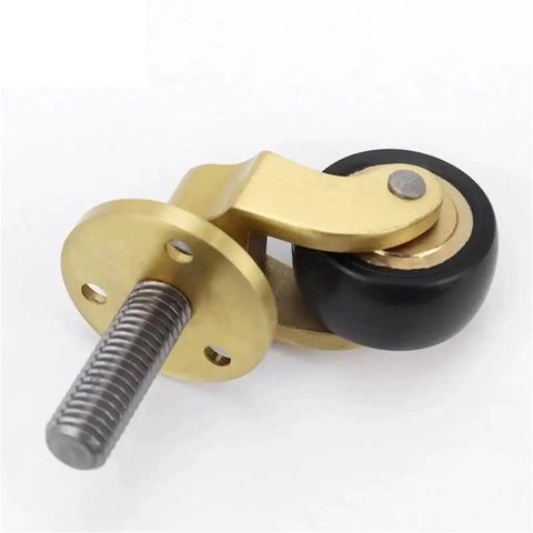 4PCS Vintage Solid Brass Casters - 1 Inch Threaded Stem Silent Swivel Wheels for Sofa/Chair/Furniture close-up showing black wheel and brass metal.