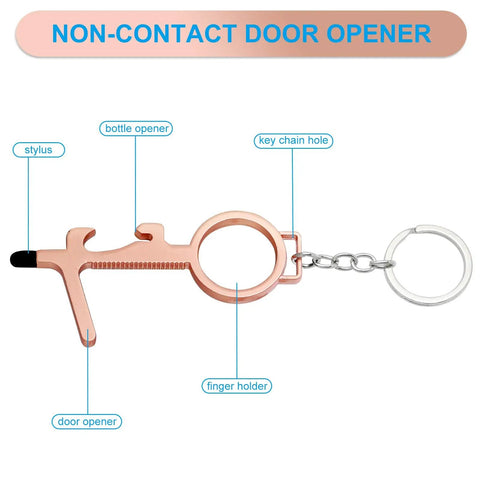 Eight Piece No Touch Door Opener Tool With Stylus Keychain Reusable Multifunction Button Pusher And Bottle Opener in rose gold.