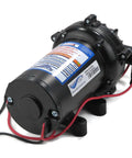 Heavy Duty 12 Volt Diaphragm Water Pump with black housing, electrical wires, designed for RV tank swaps and marine hookups.