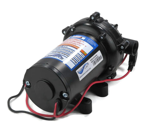 Heavy Duty 12 Volt Diaphragm Water Pump with black housing, electrical wires, designed for RV tank swaps and marine hookups.