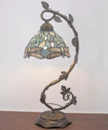 Sea Blue Tiffany Style Dragonfly Stained Glass Desk Lamp With Metal Leaf Base Reading Light For Bedside And Home Office 8x10x21 Inch UL Listed Easy On Off Cord Switch Cozy Decorative Lighting Perfect For Small Spaces