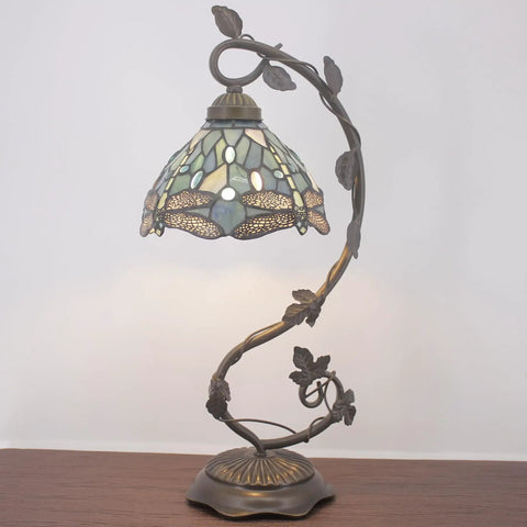 Sea Blue Tiffany Style Dragonfly Stained Glass Desk Lamp With Metal Leaf Base Reading Light For Bedside And Home Office 8x10x21 Inch UL Listed Easy On Off Cord Switch Cozy Decorative Lighting Perfect For Small Spaces