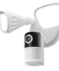 Close-up of a wired floodlight security camera with 2K clarity, outdoor motion sensor, 2600 lumens, color night vision, 110dB siren.
