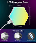 Hexagon RGB LED Wall Panels Lights For Game Room And Bedroom showing panel dimensions with USB connector and remote control.