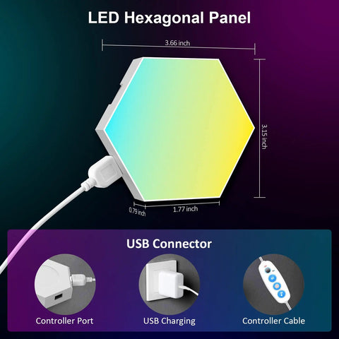 Hexagon RGB LED Wall Panels Lights For Game Room And Bedroom showing panel dimensions with USB connector and remote control.
