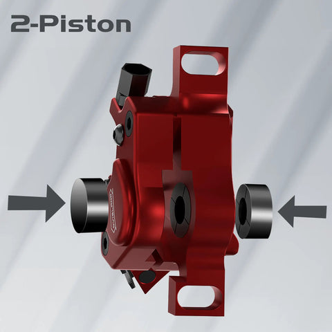 XT7 Hydraulic Disc Brake Calipers For MTB And Electric Bikes Front And Rear Line Pulling Cable Actuated Two Pistons Red Side View