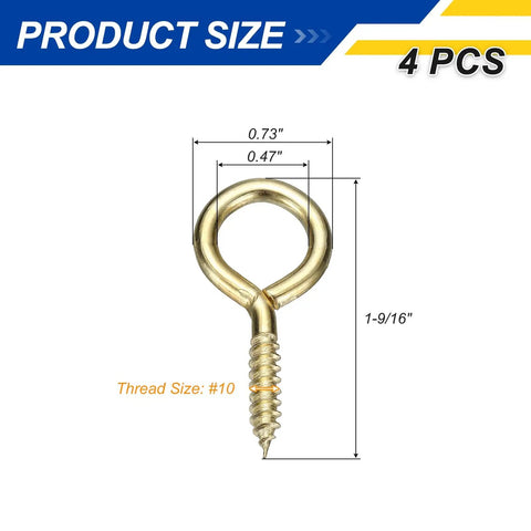 No Mess Heavy Gold Screw Eye Hooks Four Count Featuring Knockout Carbon Steel Build Rock Solid Thread Grip For DIY Projects And Garage Upgrades, size 1-9/16 in, #10 thread.