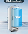 Built Like A Tank 23 Cubic Foot Commercial Upright Freezer With No Sweat Auto Defrost And Heated Door Frame Digital Temperature Control dimensions 32x27x83.18 inch.