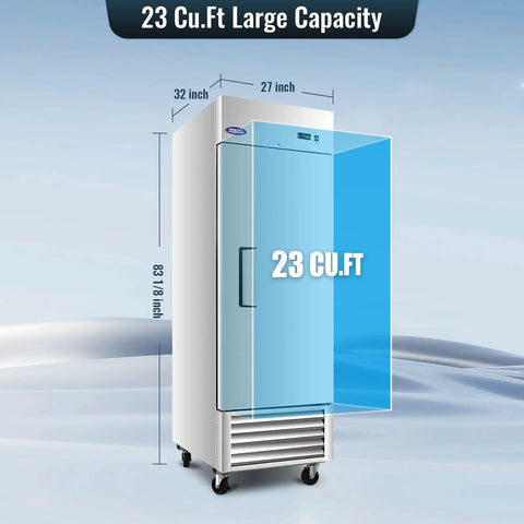 Tough As Nails 27 Wide Commercial Freezer 23 Cubic Ft Stainless Steel Reach In Upright Freezer showcasing dimensions and large capacity.