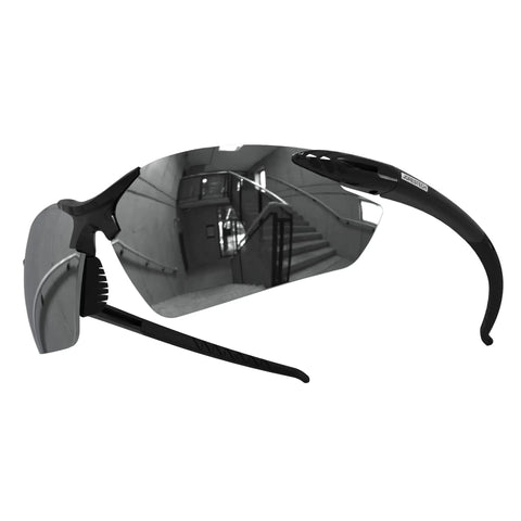 Impact Resistant Safety Eyewear With Mirror Lenses For Work, ANSI Z87 Plus Rated, polycarbonate, black frame, scratch resistant, side view