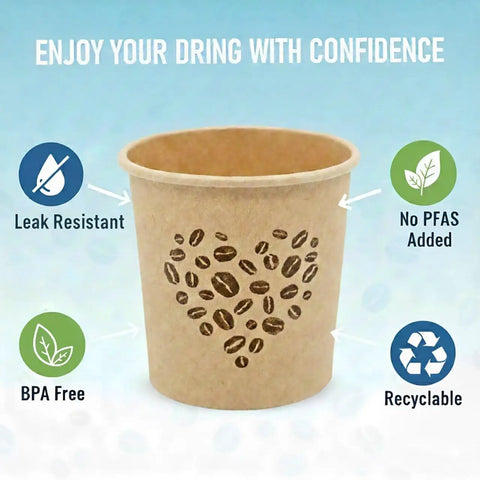 4 Oz Espresso Cups 100 Pack Kraft Disposable Paper Cups with coffee bean heart design, BPA free, leak resistant, recyclable.