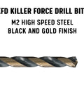 Close-up of black and gold M2 high speed steel drill bit, part of 29 Piece Quick Change Hex Shank Drill Bit Set 1/16 Inch To 1/2 Inch In Plastic Case For Handheld And Impact Drills M2 High Speed Steel Bits For Wood Metal Stainless Steel Aluminum And More.