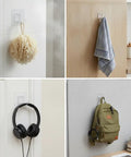 Sick Wall Mount Hooks, Totally Rust Proof Storage Rack For Coats, Bags, And Picture Hanging, featuring a loofah, towel, headphones, and backpack.