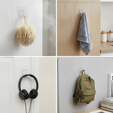 Sick Wall Mount Hooks, Totally Rust Proof Storage Rack For Coats, Bags, And Picture Hanging, featuring a loofah, towel, headphones, and backpack.