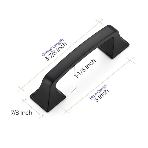 Dimensions of 30 Pack Solid 3 Inch Center To Center Square Arch Cabinet Pulls Matte Black for kitchen cabinets, shown with measurements.