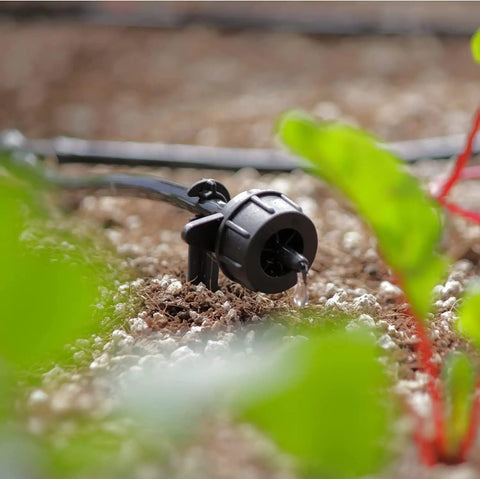 Close-up of dripper in Solar Powered Automatic Drip Irrigation System With 50 Drippers And 155 Feet Of Tubing for gardens.