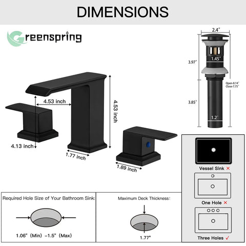 Widespread Matte Black Bathroom Faucet With Drain Assembly, showcasing dimensions and installation requirements