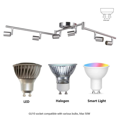 Six Light Dimmable Track Lighting Kit With Flexible Foldable Arms In Satin Nickel Finish for kitchen GU10 Base Bulbs