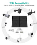 5W Outdoor USB Solar Panel For Security Cameras With Micro USB And USB-C, surrounded by various camera models, compatibility guide