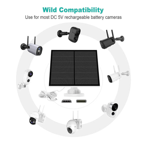 5W Outdoor USB Solar Panel For Security Cameras With Micro USB And USB-C, surrounded by various camera models, compatibility guide
