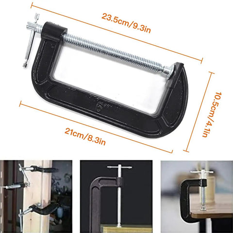 Beefy Six Inch C Clamp Set With Two And Five Eighths Inch Throat Depth Heavy Duty Steel C Clamps measurements and usage examples