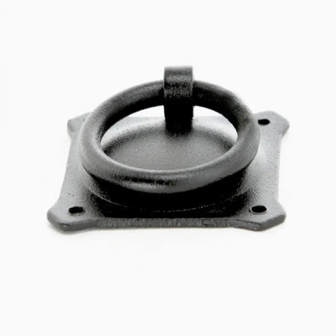 Premium Mission Style Wrought Iron Cabinet Ring Pull 2 Inch Antique Drop Handle With Matte Black Rust Resistant Powder Coat, close-up view.