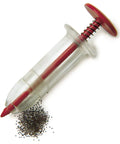 Rapiclip Mini Seedmaster 805 Red Seed Dispenser, plunger style tool, clear and red plastic, dispensing tiny seeds on white background.