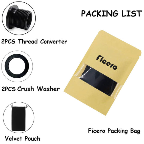 Ficero thread protector kit with 2 steel thread converters and 2 crush washers in velvet pouch