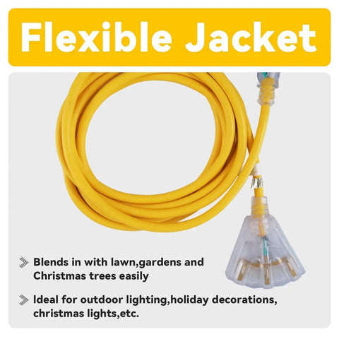 Heavy Duty 25 Foot 12 Gauge Extension Cord With Three Outlets Indoor Outdoor Power Cable 15A 125V 1875W Yellow Coiled