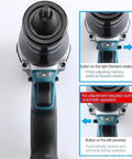 No Sweat Cordless Rivet Nut Gun M3 Through M12 Rechargeable Handheld Riveter showing forward and reverse buttons.