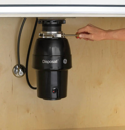 Half Horsepower Batch Feed Garbage Disposer For Home Kitchen shown under sink, easy install kit, non corded