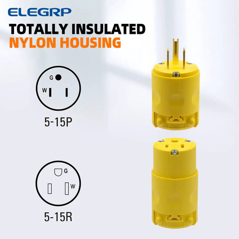 Electrical Plug And Receptacle Set 15 Amp 125 Volt NEMA 5 15P 5 15R Grounding 2 Pole 3 Wire Commercial Grade Yellow With Easy Grip