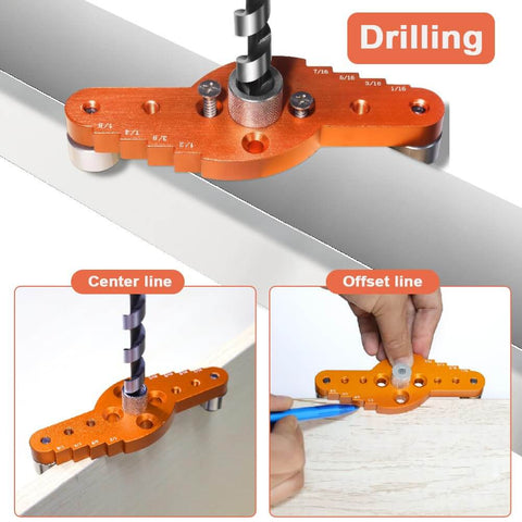 Self Centering Doweling Jig Kit With Drill Guide And Stop Collar Includes Four Drill Sleeves Six, Eight, Ten And Thirteen Millimeters And Drill Bits One Quarter, Five Sixteenths, Three Eighths, And One Half Inch For Hidden Shelf Brackets And Mantels For close-up view showing metal jig on wood with drill bit inserted.