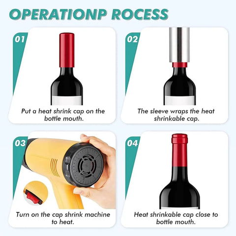 GFJYKDL Heat Shrink Gun For Bottles Featuring 50Mm Sealing Speed With Nine Temp Settings Ranging From 50 To 550 Degrees C in use for bottle cap sealing.