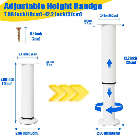 Heavy Duty Adjustable Furniture Support Legs Set White Four Pack With Mounting Hardware Tough Steel Center Posts Adjustable height 7.08-12.2 inches.