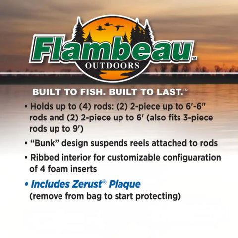 Flambeau fishing tackle box description with sunset background, detailing features and foam inserts for rod storage.