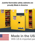 Heavy Duty 60 Gallon Self Closing Flammable Storage Cabinet Built Like A Tank Safety Rated Industrial Steel For Safely Securing Gasoline Solvents Shop Area in yellow with gas cans.