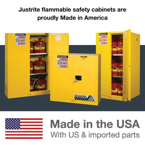 Heavy Duty 60 Gallon Self Closing Flammable Storage Cabinet Built Like A Tank Safety Rated Industrial Steel For Safely Securing Gasoline Solvents Shop Area in yellow with gas cans.