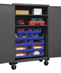 Extra Heavy Duty Lockable Mobile Cabinet With 18 Blue Hook On Bins And Two Adjustable Shelves, open revealing tools and parts.