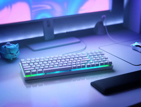 Full Size Prebuilt Mechanical Gaming Keyboard Featuring Compact 96 Layout In Crisp White Design With Silky Smooth Linear Switches and RGB backlighting.