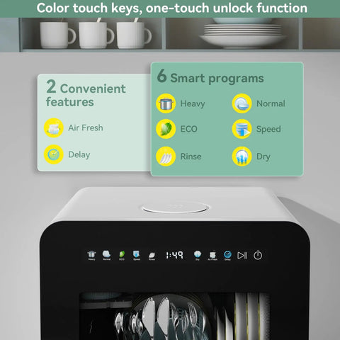 No Sweat Compact Countertop Dishwasher For Apartments Dorms And Rv With Five Place Setting Capacity, showing control panel with smart programs.