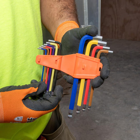 Long Ball End Hex Key Wrench Set With SAE And Metric, L Style, color coded 19 piece kit in orange holder, held by gloved hands.