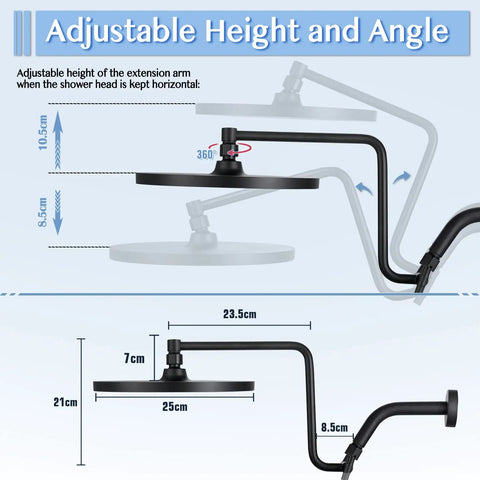 Diagram showing adjustable height and angle of High Pressure Rainfall Shower Head With Handheld Combo Kit 12 Inch Extension Arm.