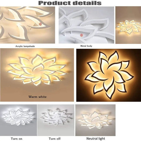 Dimmable LED Flower Ceiling Light With Five Petal Heads Modern Flush Mount Chandelier detail of acrylic and metal design