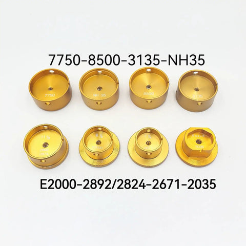 Lightweight 23g Watch Movement Holder With 31mm Base for Mechanical and Quartz Watches, various gold adapters displayed.