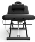 Dolonm Heavy Duty Electric Massage Table With Adjustable Lift And Backrest, black padded surface, front view with adjustable headrest.