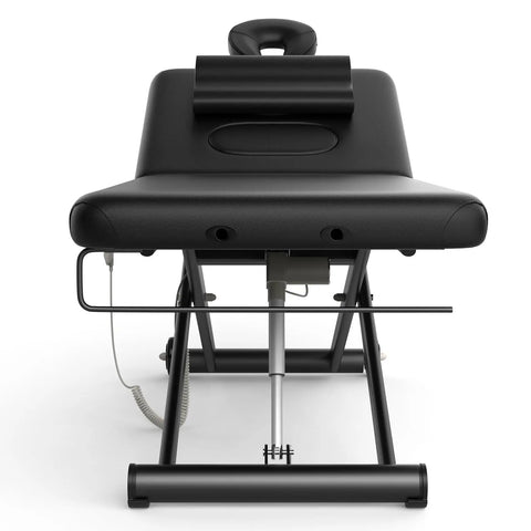Dolonm Heavy Duty Electric Massage Table With Adjustable Lift And Backrest, black padded surface, front view with adjustable headrest.