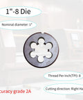 One Inch Eight TPI Tap And Die Set UNC Right Hand 4 Flute Straight Tap And Round Die High Speed Steel HSS on machinery